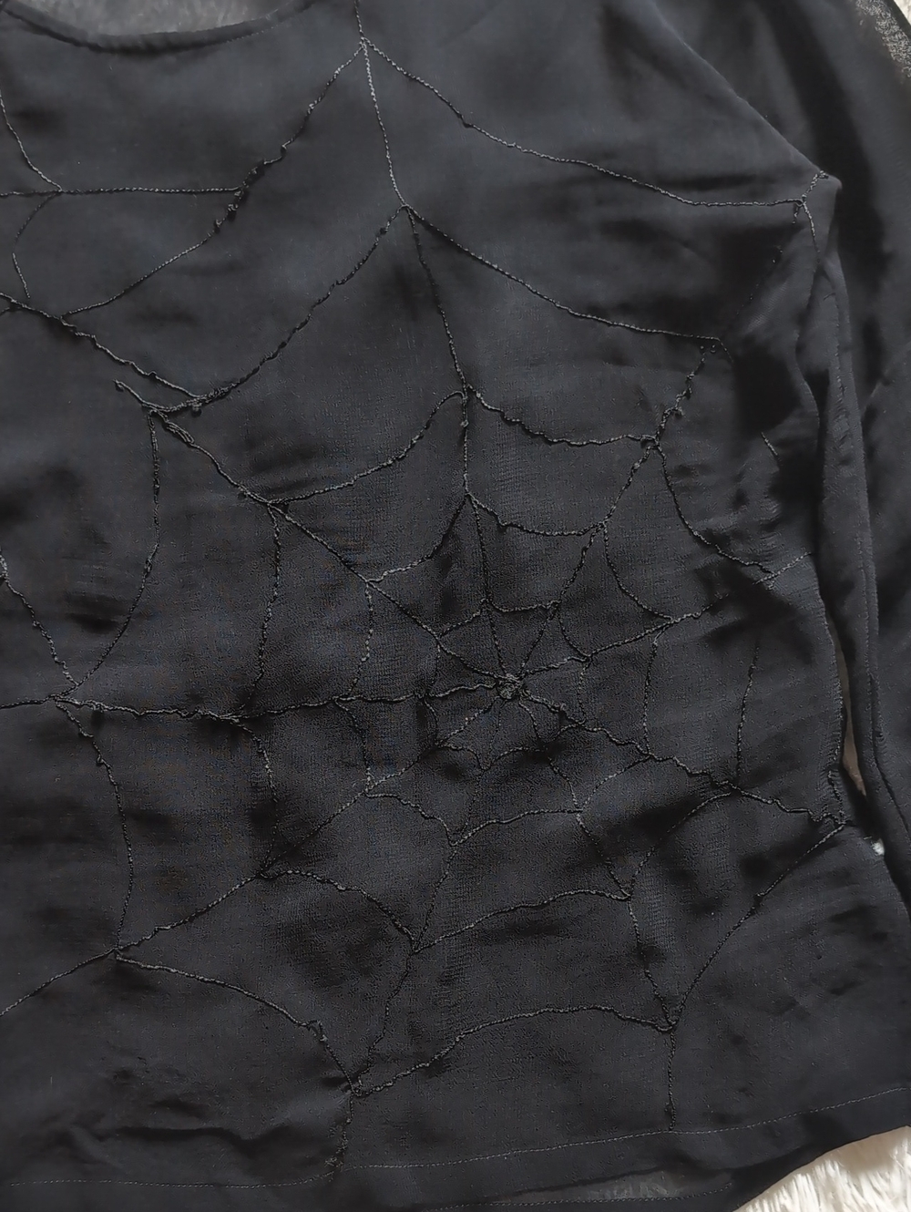 90s Morbid Threads Spiderweb Embroidery Sheer Vintage Hot Topic Black Top Large - Picture 5 of 12